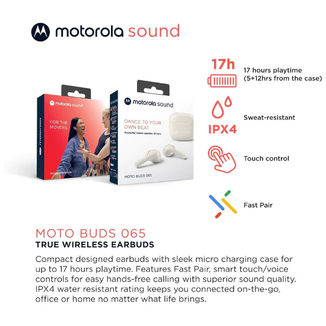 Audífonos Motorola Buds 065 Bluetooth 15H Resistentes al Agua para Uso Diario