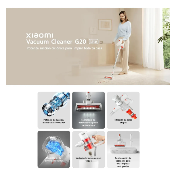 Xiaomi Aspiradora de Bastón G20 Lite – Aspiradora Inalámbrica 18,000 Pa con Luz LED y Filtración de 5 Etapas